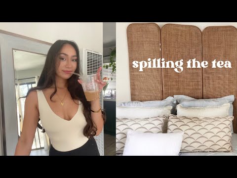 A person with long dark hair holding a drink next to a stylish bedroom setup with "spilling the tea" text overlay