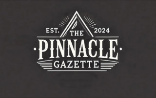 A vintage-style logo for the pinnacle gazette showcasing bold typography and a mountain peak design.