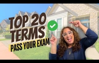 Real estate exam preparation promotional image with a smiling individual pointing upwards in front of suburban houses.