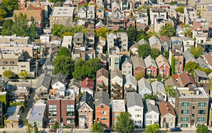 Urban neighborhood with diverse architecture and greenery