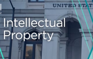 Image depicting a classical government building facade with "intellectual property" text overlay and "mintz" logo