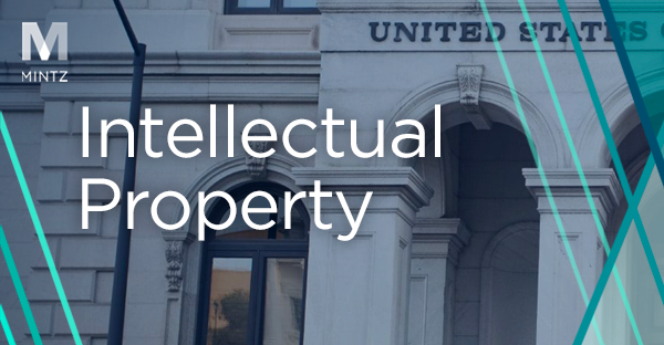 Image depicting a classical government building facade with "intellectual property" text overlay and "mintz" logo