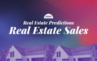 A vibrant graphic design representing 2025 real estate sales predictions, featuring modern house illustrations and dynamic gradients