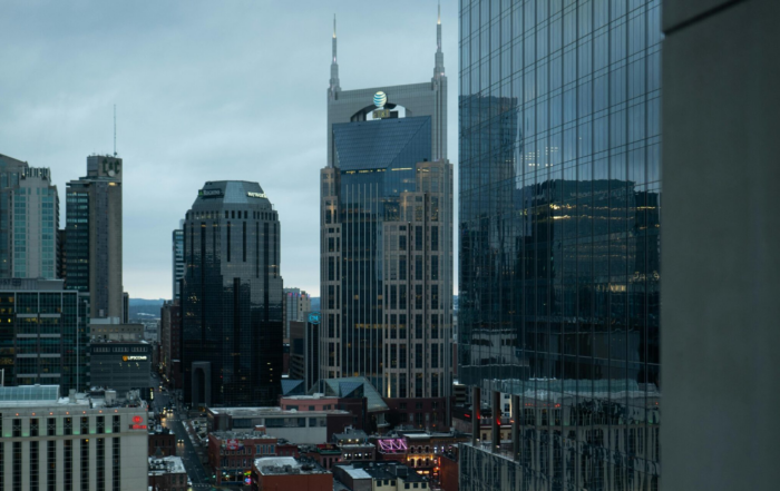 Cityscape with diverse architecture in downtown area