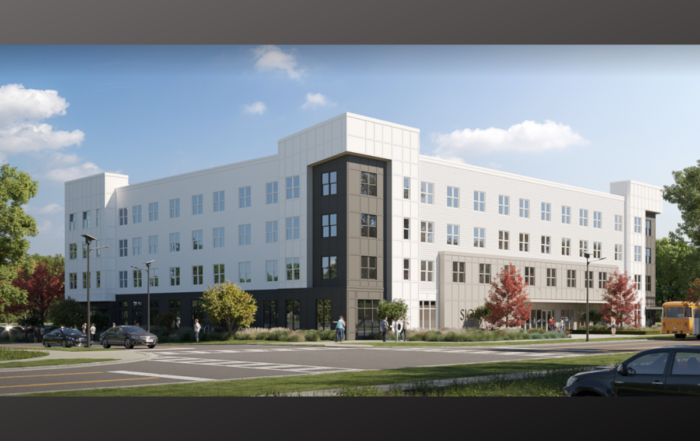 Image of newly-constructed four-story mixed-use building with modern design at georgia southern