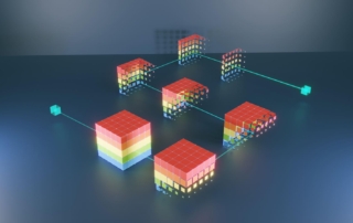 Conceptual representation of a blockchain network with colorful, digital cubes