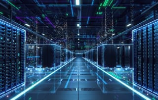 Futuristic high-tech data center corridor with server racks and glowing led indicators
