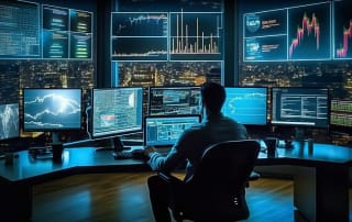 Person analyzing data trends using multiple monitors