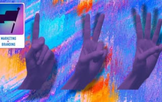 An illustration of the 'law of 3' featuring three hands in purple tones against a vibrant background.