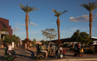 A group of people using motorized wheelchairs navigate a pathway in an urban setting with palm trees and a clear sky.