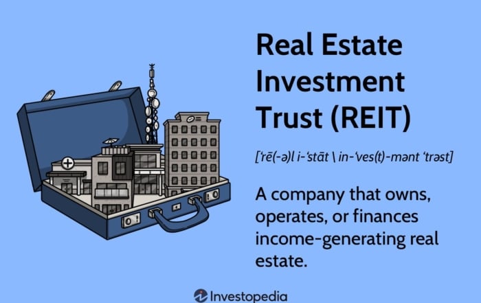 Real estate investment trust (reit) illustration showing a briefcase with small buildings symbolizing real estate investments