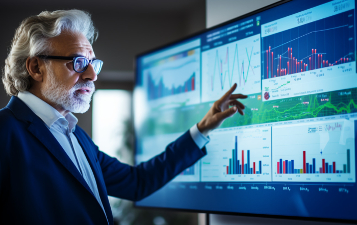 A mature individual with white hair and a beard analyzing financial graphs