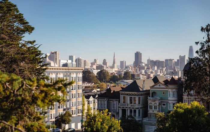 Scenic view of san francisco cityscape with victorian-style houses and modern skyline.