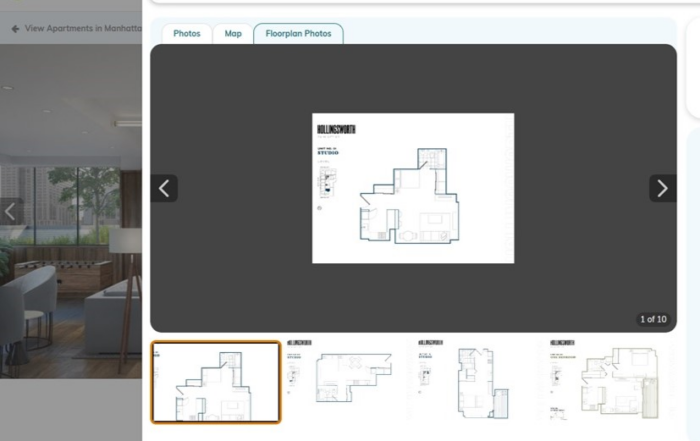 Screenshot of the hollingsworth property floor plan gallery on rentcafe, showcasing various studio apartment layouts.