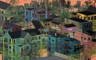 Artwork depicting a colorful urban neighborhood