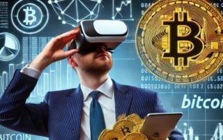 A man in a suit wearing a virtual reality headset, holding a tablet and bitcoin symbols, surrounded by blockchain graphics.