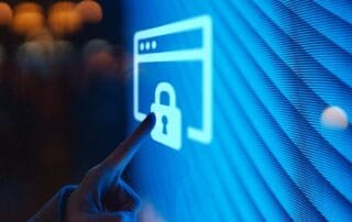 Image of a futuristic, digital-themed scene highlighting cybersecurity with a finger pointing at a webpage's padlock symbol