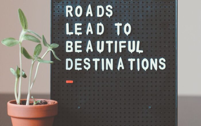 Black pegboard with the phrase "roads lead to beautiful destinations" and a young plant