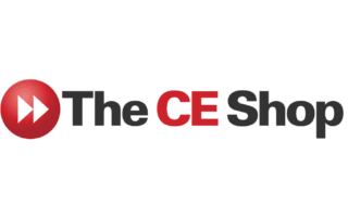 Logo of the ce shop featuring a red circular icon with white forward arrows, accompanied by the text "the ce shop. "