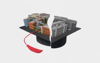 A conceptual image of higher education's future with a split graduation cap, vibrant and grayscale buildings, and a red tassel