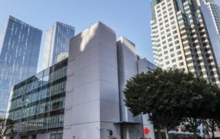 Urban skyline featuring glass and steel architecture