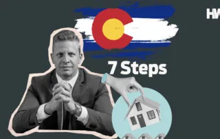 Grayscale portrait of a confident man in a suit with the colorado state flag, "7 steps" text, and a hand reaching for a model house