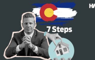 Image of a man in a suit, colorado flag, and real estate elements representing steps to get a real estate license.
