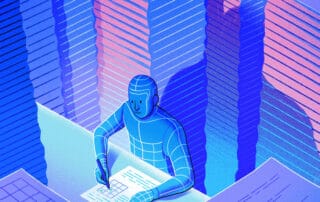 A stylized, futuristic scene of an ai figure at a desk