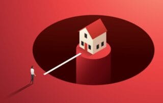 Illustration of a person analyzing a home atop a tall pedestal
