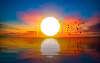 Sunset with geometric circle and birds