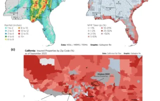 A set of maps depicting rainfall from hurricane helene, flood insurance take-up rates, and insured properties in california.