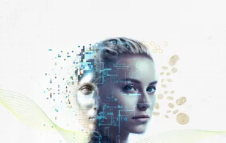 Dual-faced figure representing ai and human identity amidst symbols of finance and technology.
