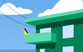 Illustration of a person on a balcony of a green building on a clear day