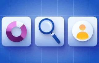 Icons depicting analytics, search, and user profile against a blue background