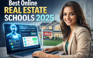 Best online real estate schools 2025 thumbnail showing a student using an ai tutor on a laptop with a sold house in the background