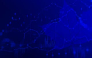 Blue abstract financial data background with line graphs, candlestick markers, and bar charts overlaid on a subtle leaf pattern.