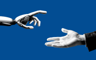 Ai Tools Revolutionizing The Real Estate Industry 26 Illustration of human and ai hands reaching out on a blue background