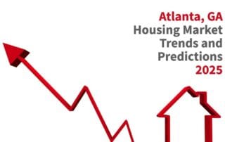 Atlanta, ga housing market trends and predictions for 2025 with a red upward arrow and house outline graphic