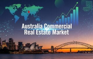 Australia commercial real estate market concept image showing sydney skyline with opera house and harbour bridge, world map, and rising bar chart.