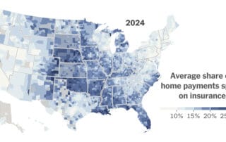 Choropleth map of the united states in 2024 showing the average share of homeowners’ monthly payments spent on insurance by county, with darker blue areas indicating higher percentages.
