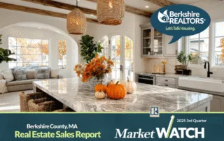 Berkshire county ma 2025 3rd quarter real estate sales report market watch cover showing a bright modern kitchen with fall decorations and pumpkins on a marble island, produced by berkshire realtors