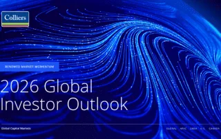 2026 global investor outlook cover graphic from colliers, showing blue flowing data lines over a globe background with the tagline “renewed market momentum. ”