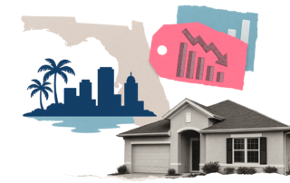 Florida single-family home with illustration of state map, city skyline, palm trees and a falling housing market price chart.