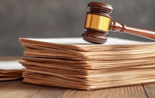 Wooden judge’s gavel resting on top of a large stack of legal documents on a wooden desk.