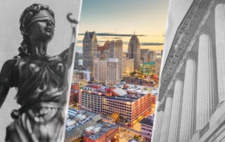 Blindfolded lady justice statue, downtown detroit skyline at sunset, and courthouse columns in a split panoramic image.