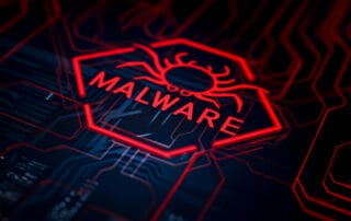 Red “malware” warning icon with bug symbol on a dark digital circuit board background