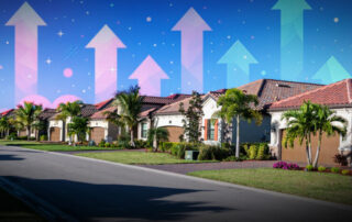 Row of modern suburban homes in a sunny neighborhood with graphic arrows rising in the sky to symbolize increasing housing prices.