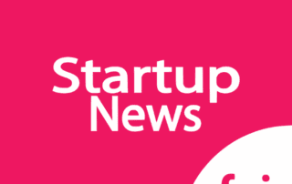 Startup news logo on bright pink background with. Fyi branding in the corner