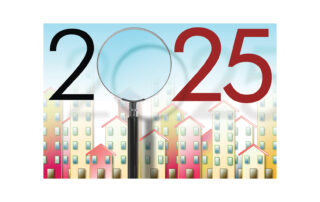 2025 housing market concept illustration with magnifying glass over colorful city buildings