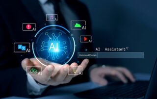 Ai assistant concept illustration showing a businessperson using a laptop with a glowing ai icon and multiple artificial intelligence app icons floating above their hand.